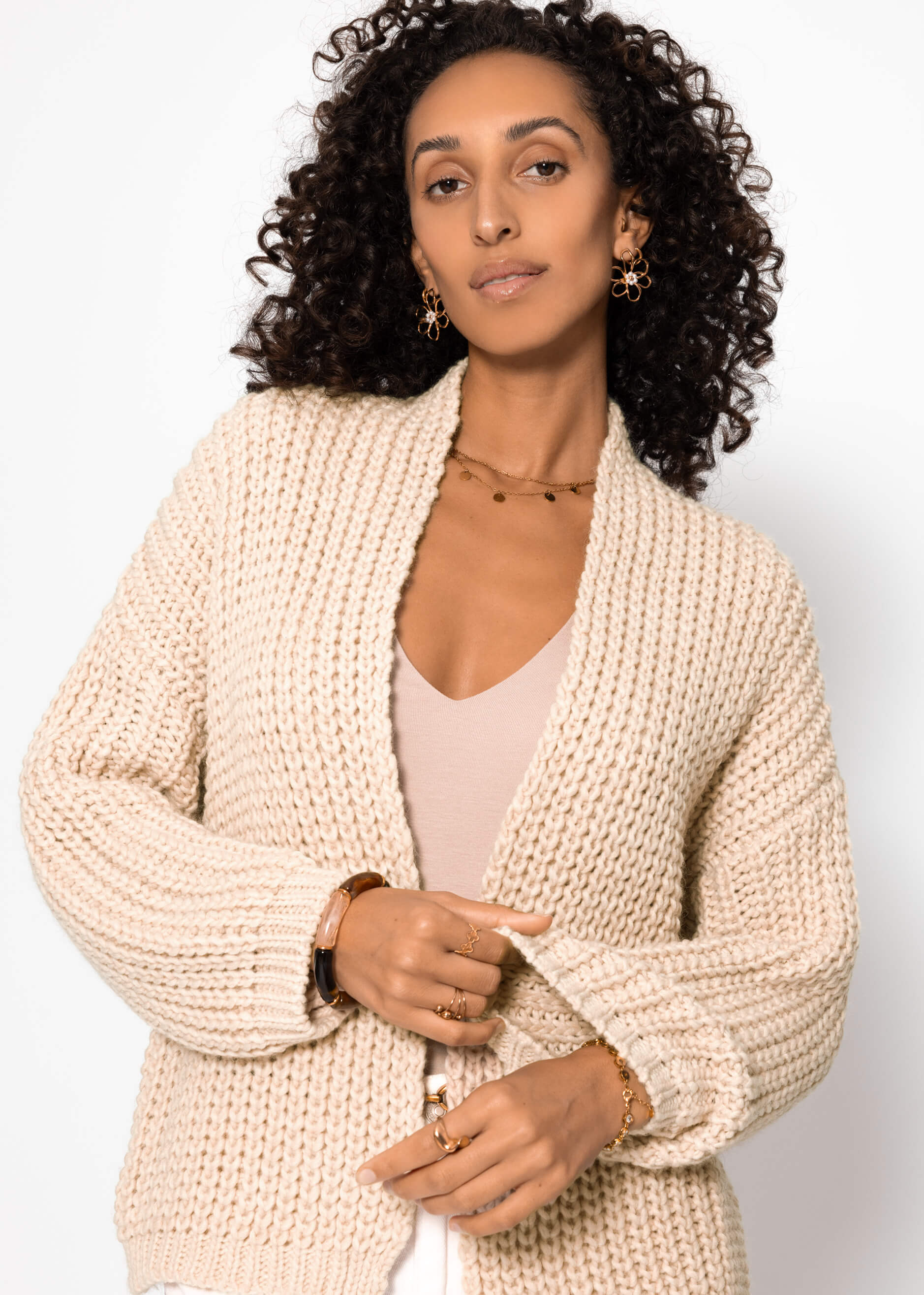Offener Grobstrick-Cardigan - beige