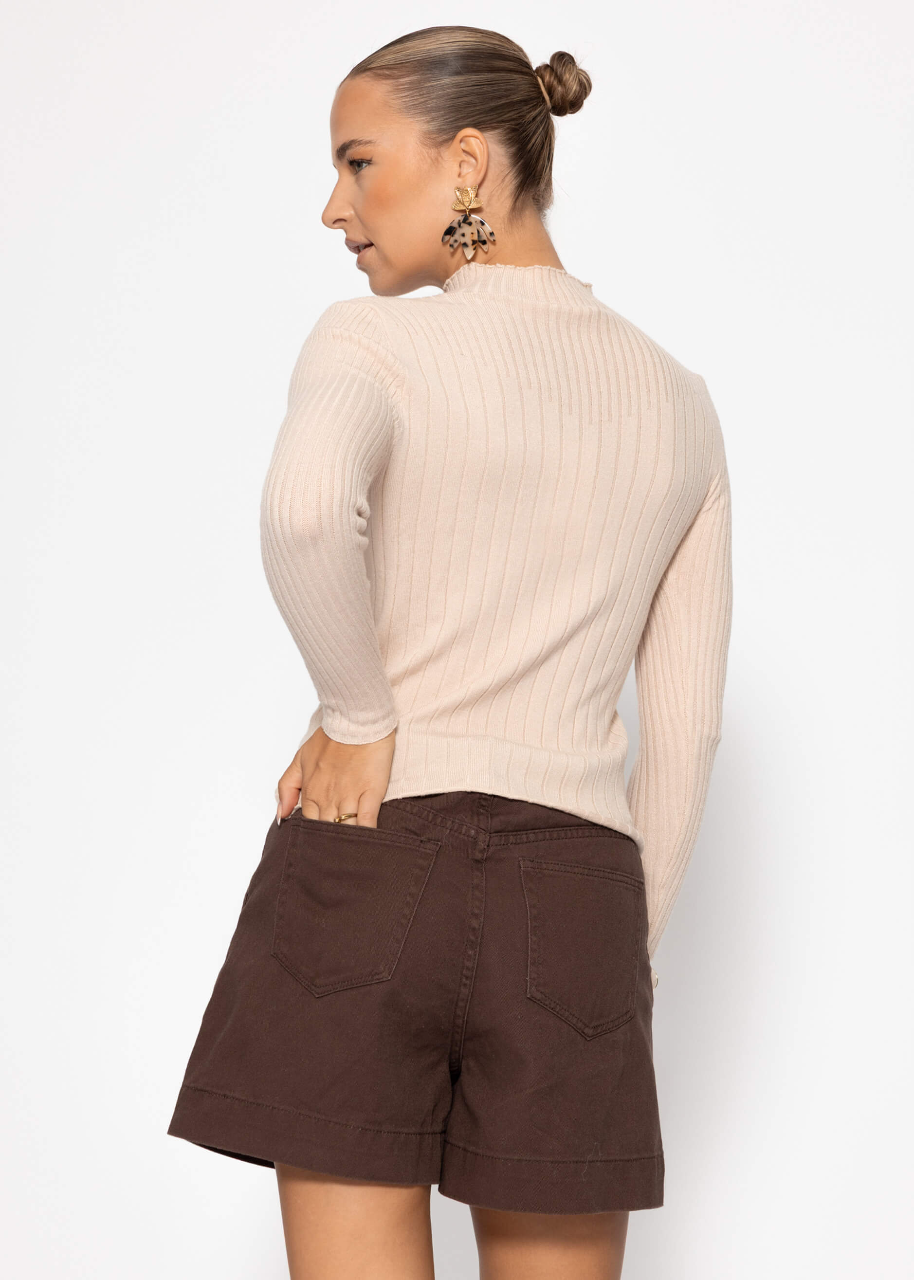 Rippstrickoberteil mit Stehkragen - beige
