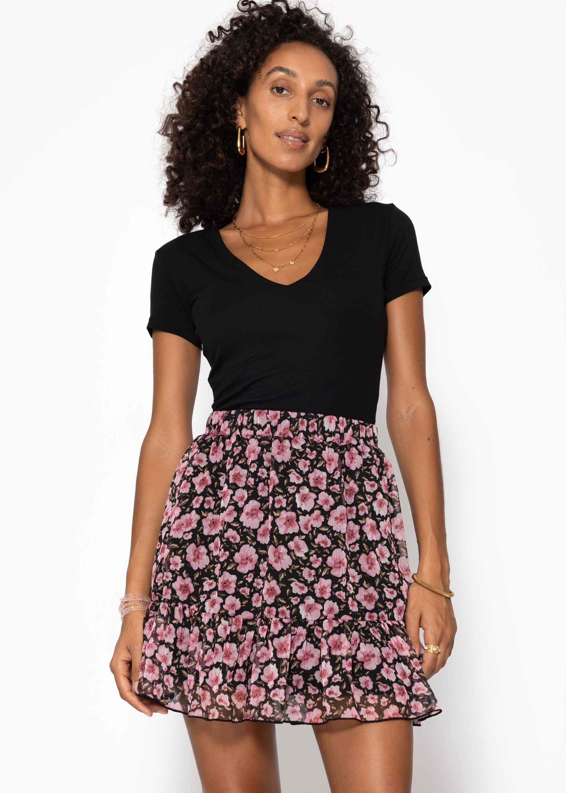 Rüschen Rock mit Blumen-Print - schwarz
