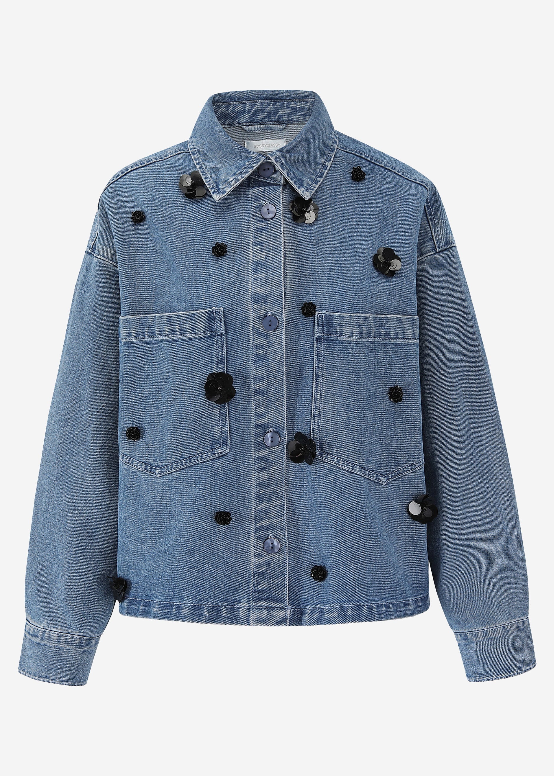 Jeansjacke mit Blumenapplikationen - blau