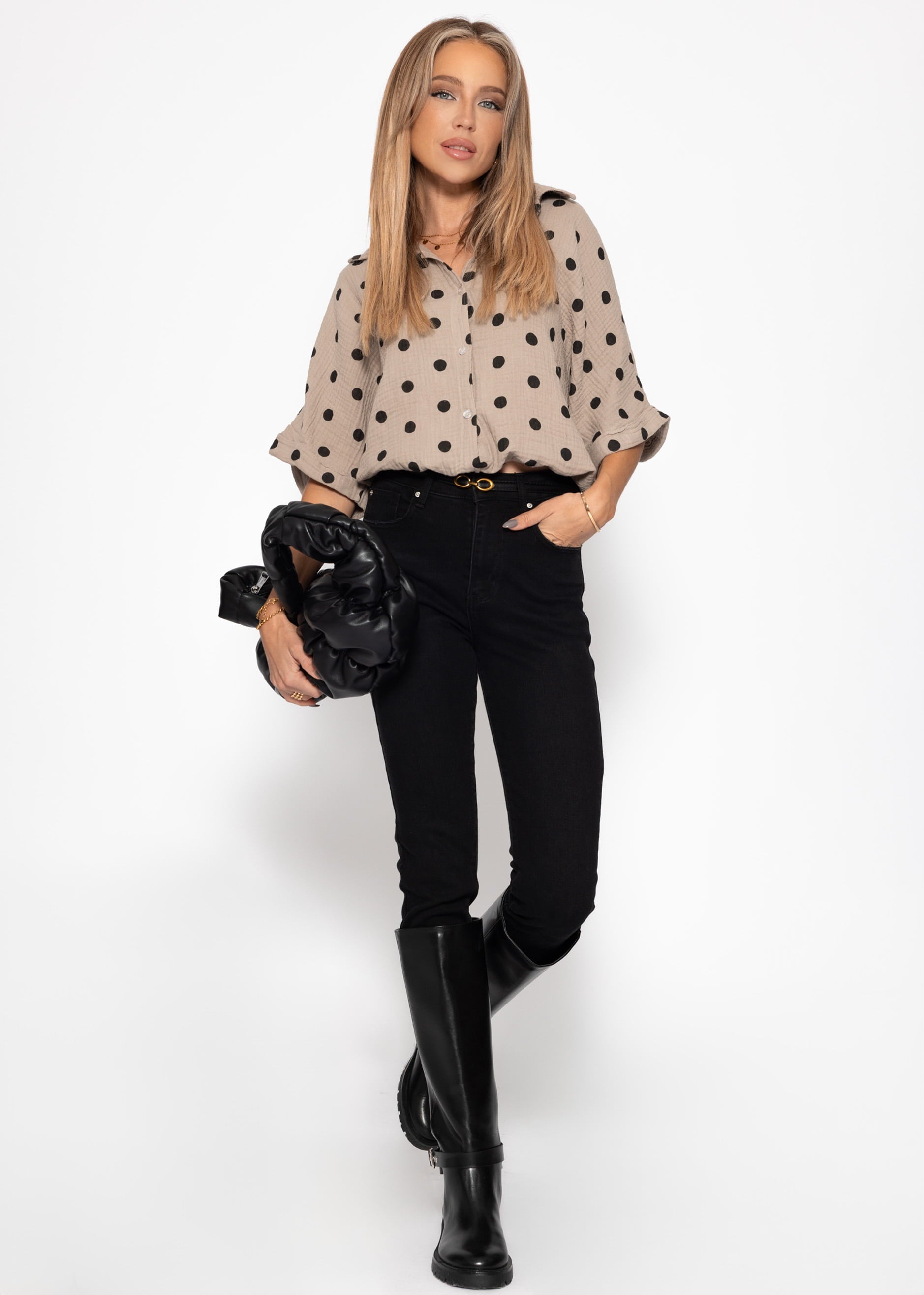 Bluse mit Zugband und Punkten - taupe