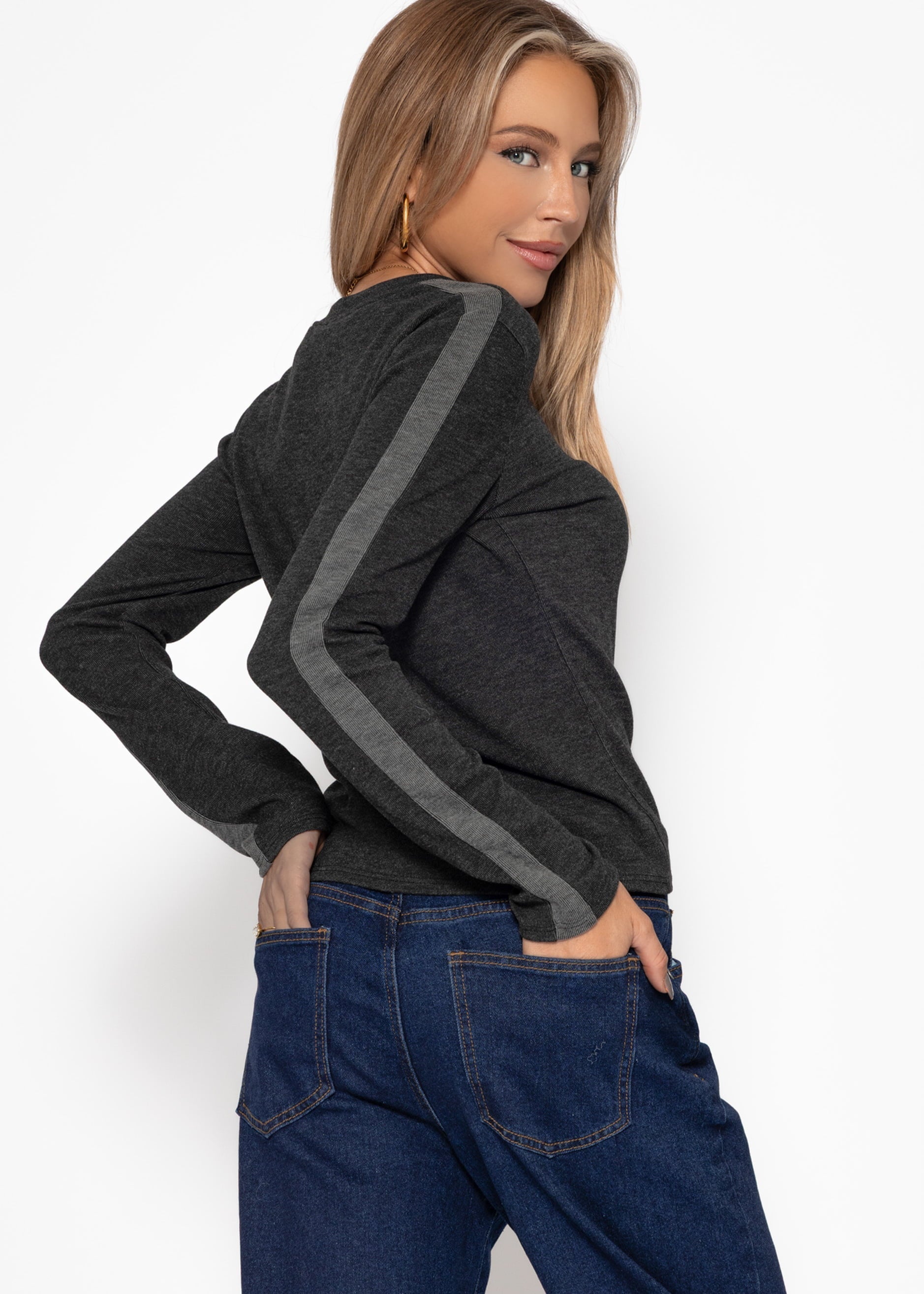 Thermo Langarmshirt mit Kontrast an den Ärmeln - grau