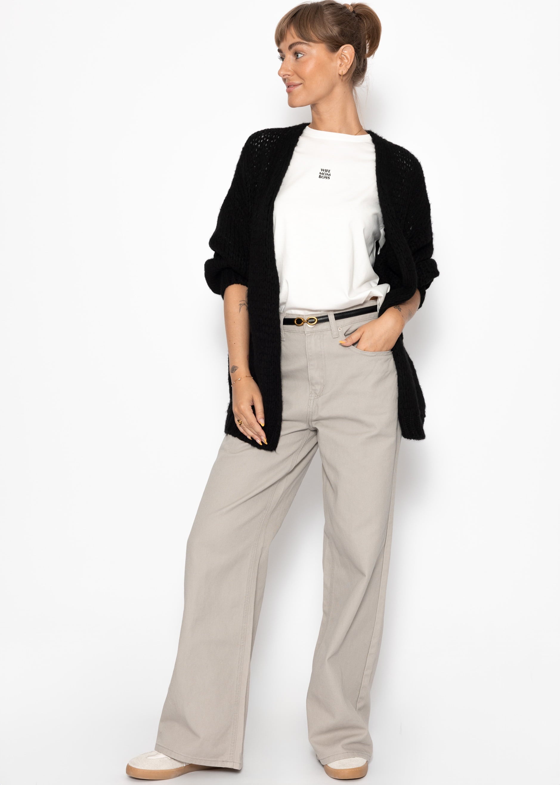 Wide Leg Jeans mit hohem Bund - greige