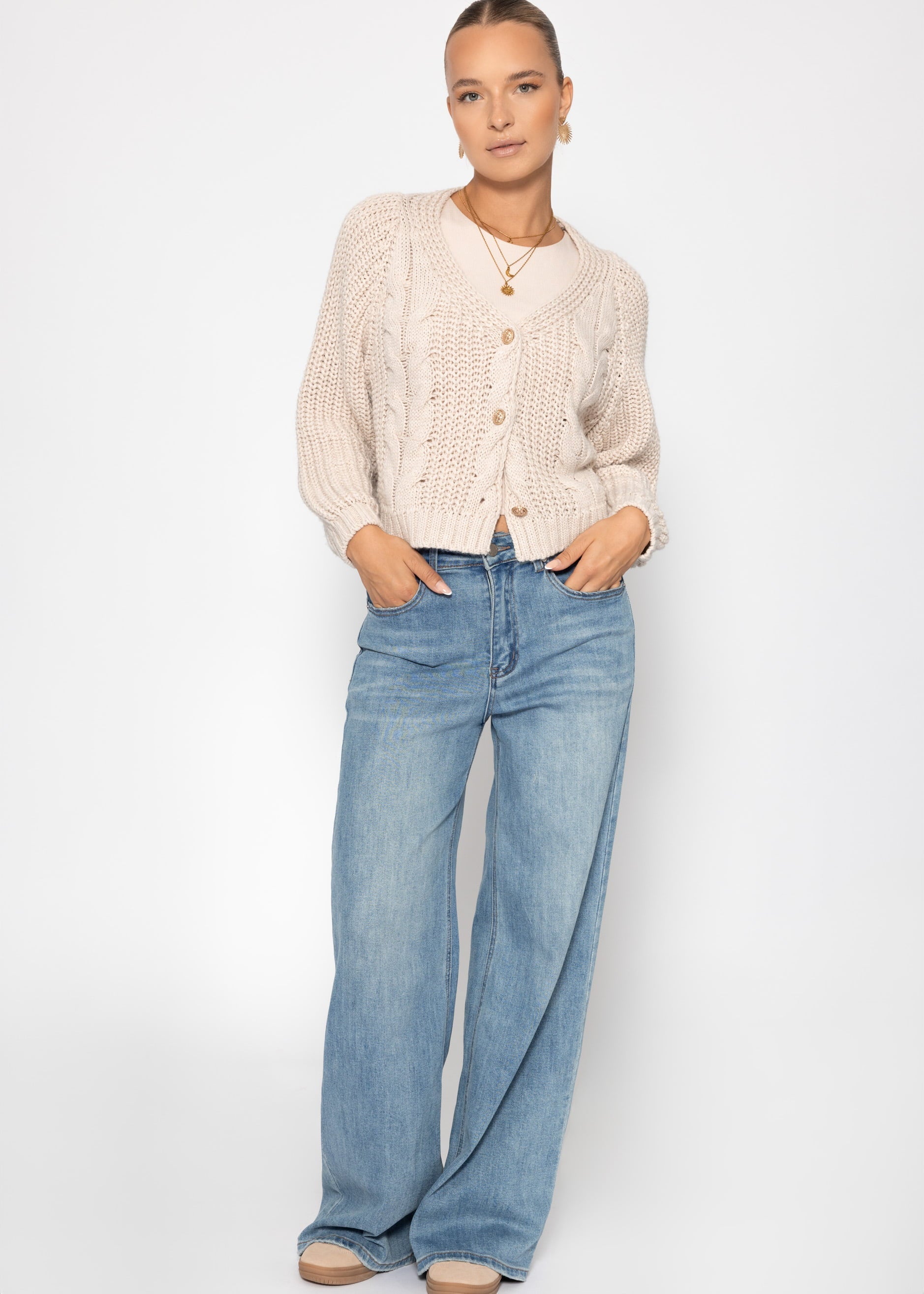 Zopfstrick-Cardigan mit Knopfleiste - beige