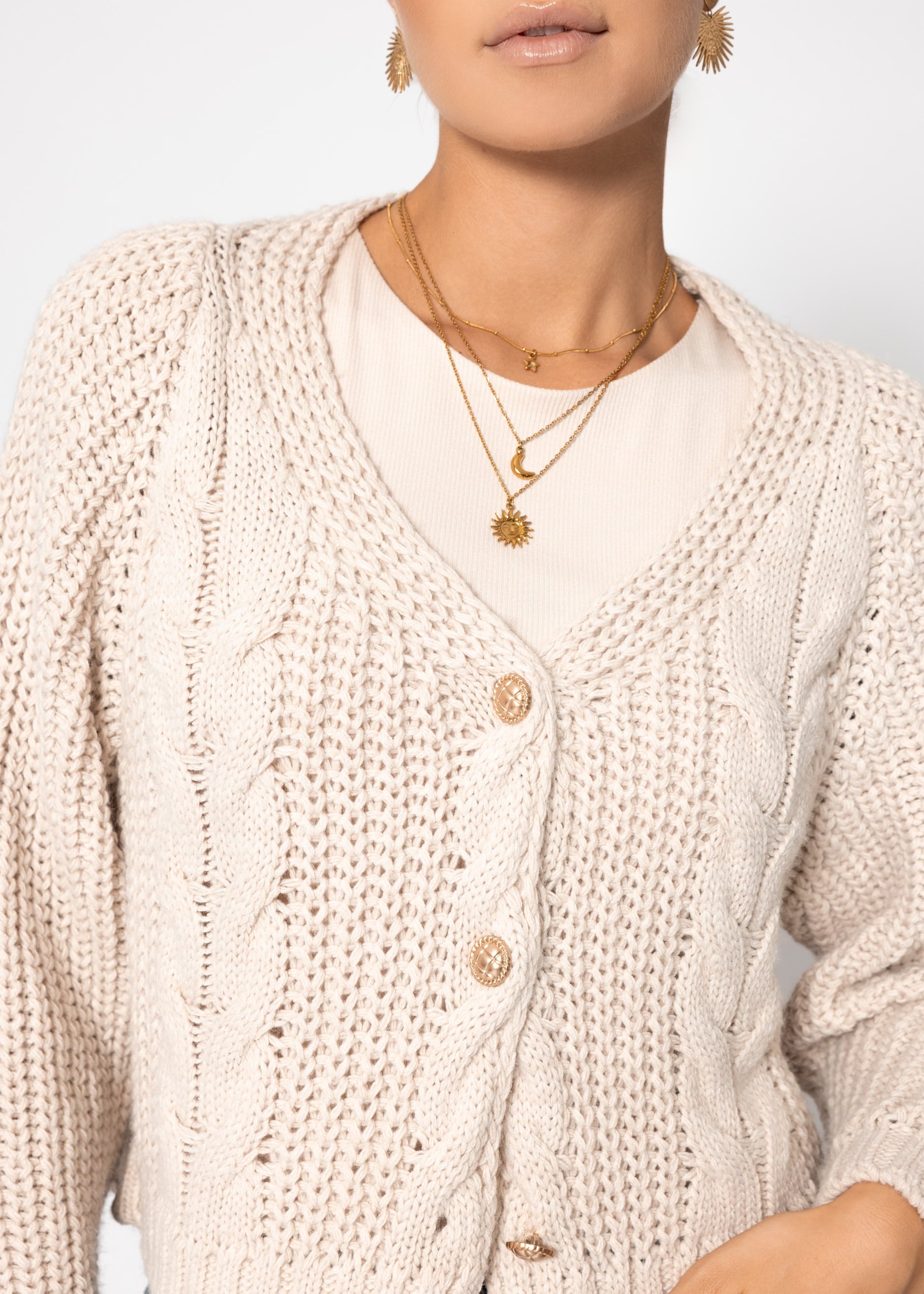Zopfstrick-Cardigan mit Knopfleiste - beige
